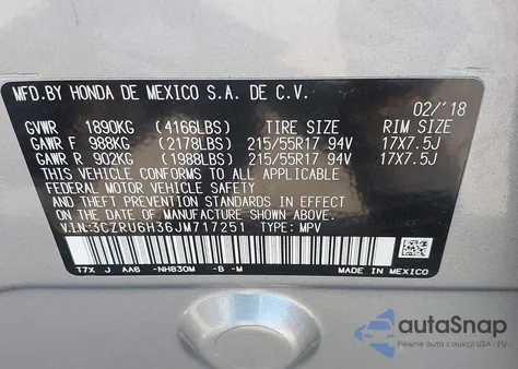 2018 Honda Hr-V Lx из США, поврежденный, VIN 3CZRU6H36JM717251